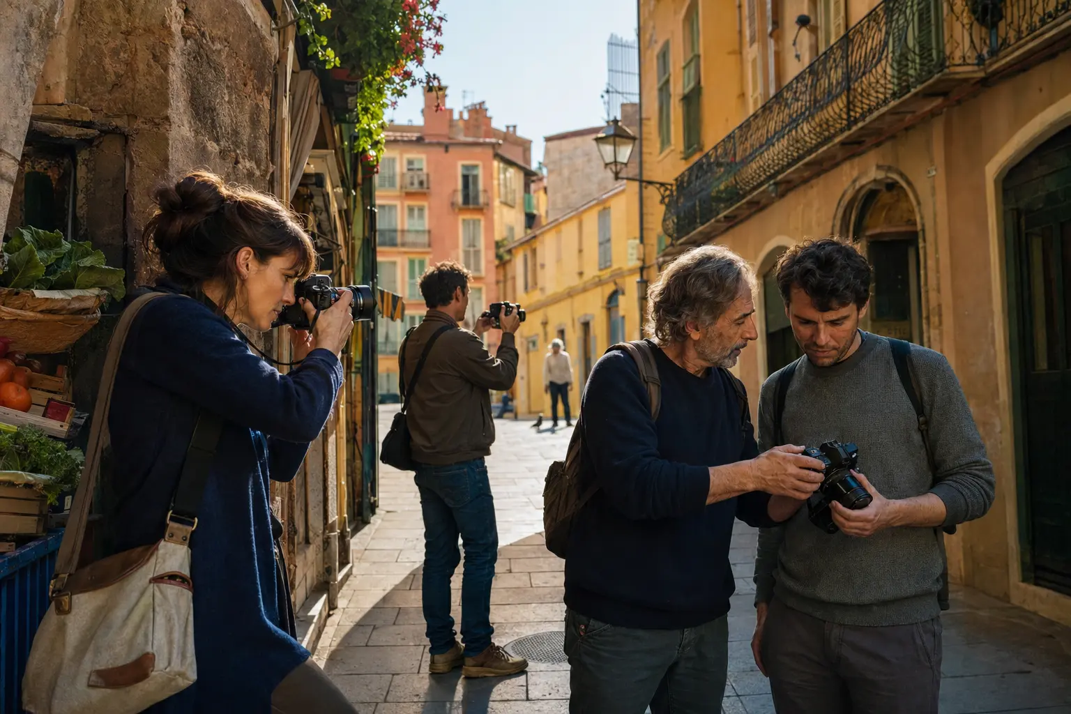 Sortie photo dans une ruelle colorée du Vieux-Nice : une participante cadre une scène pendant qu'un formateur commente l'écran d'un appareil avec un élève.
