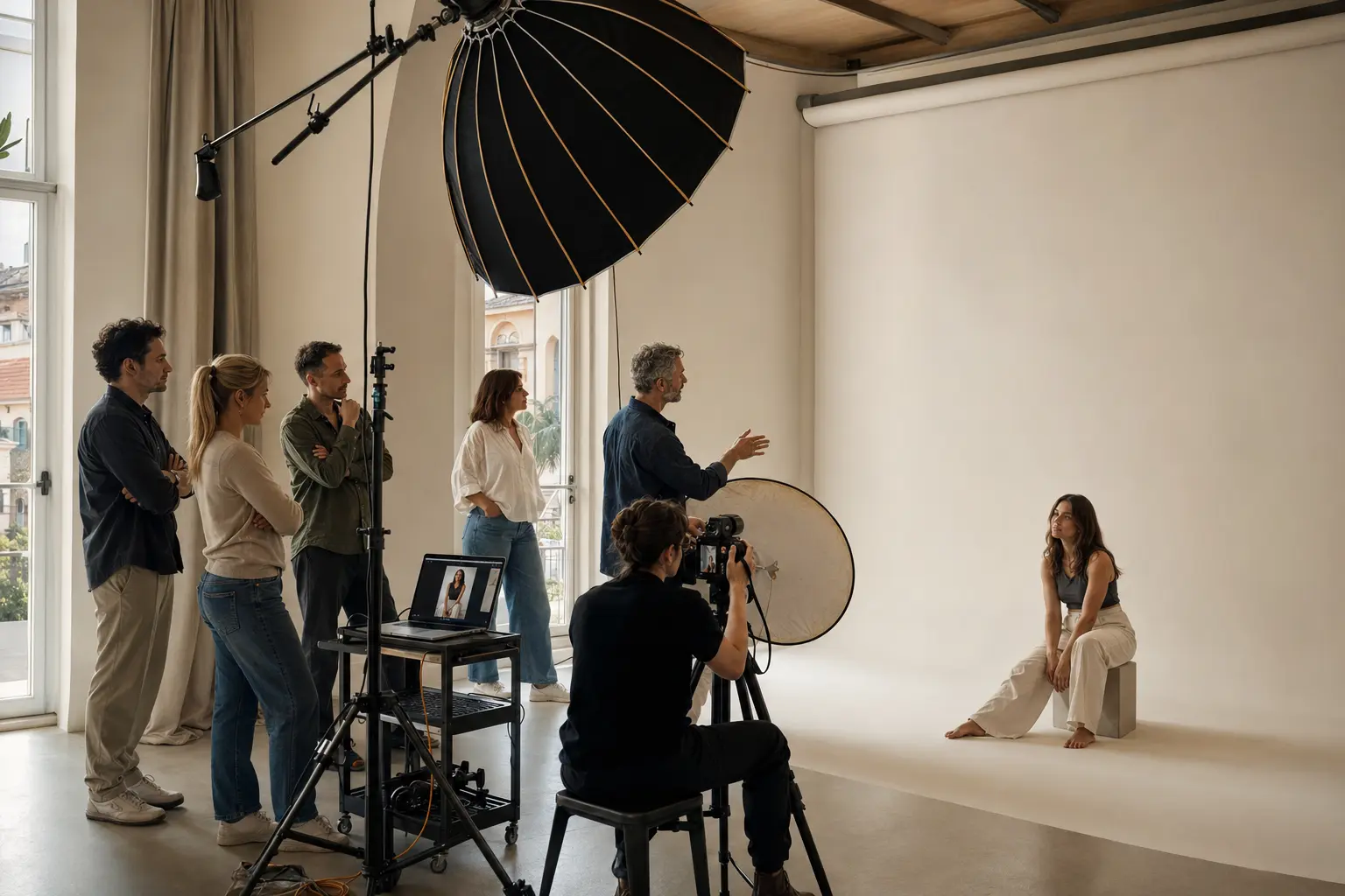 Séance en studio : un groupe observe un formateur placer la lumière tandis qu'une participante photographie une modèle assise devant un fond clair.