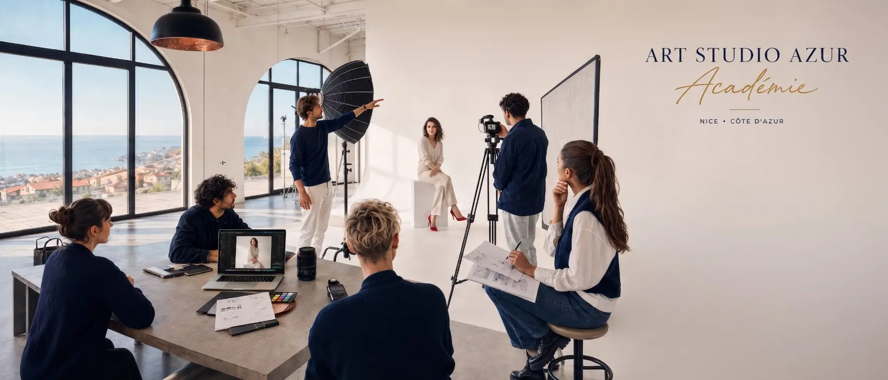 Plateau vidéo dans un grand studio blanc face à la mer : un formateur dirige l'éclairage, un participant filme une comédienne et d'autres prennent des notes autour d'une table.