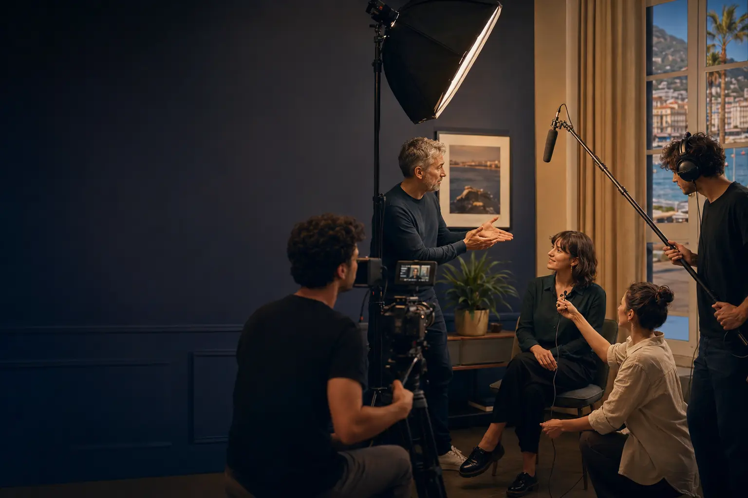 Tournage d'une interview : caméra, perche et micro-cravate autour d'une intervenante éclairée par une boîte à lumière, avec la baie de Nice par la fenêtre.
